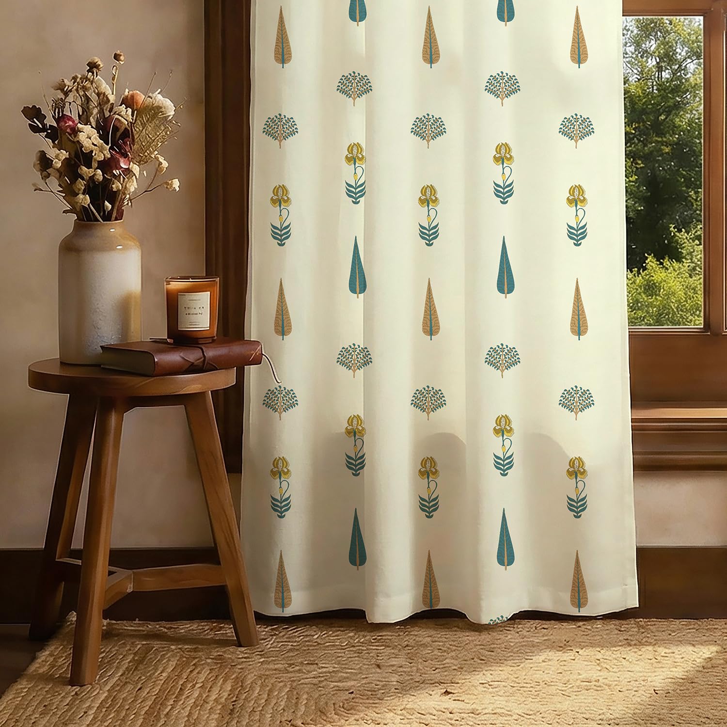 Urban Space 100% Cotton Floral Curtains 7 feet Long Set of 2, 60-65% Room Darkening, Decorative Curtains with Eyelets/Rings for Hanging, Tieback Included (Orchard Dark Teal, Door - 7 Feet)-image-19