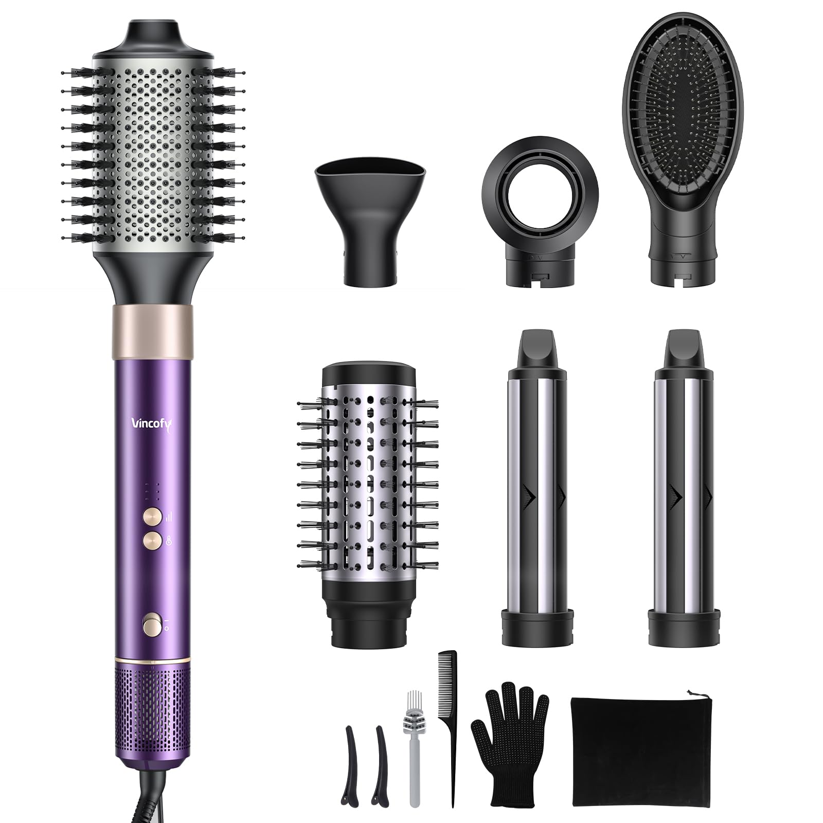 Vincofy 7-in-1 Hair Dryer Brush and 1500W Hair Styler Set – Fast Drying, Curling, Straightening & Volumizing – Hot Air Styling Tool with No Heat Damage – for All Hair Types – Purple