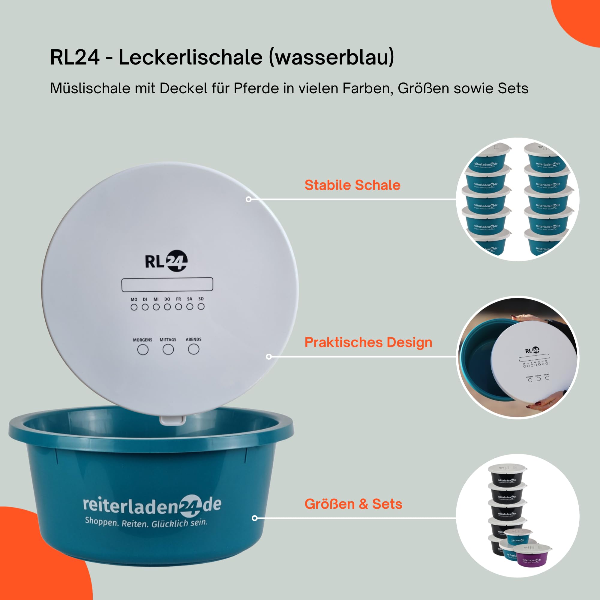 RL24 - Leckerlischale – Pferde Müslischale mit Deckel – Futterschale zur Aufbewahrung von Leckerli & Pferdefutter – Leckerli-Dose in Wasserblau – 3 Schalen á 6l (3er Set) – Pferdezubehör