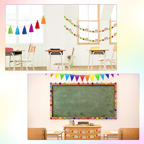 Miniatura 5 de Sumind Guirnalda de borlas de arco iris, guirnalda bohemia con pompones, guirnalda de bolas de fieltro de arco iris, guirnalda de dulces coloridos