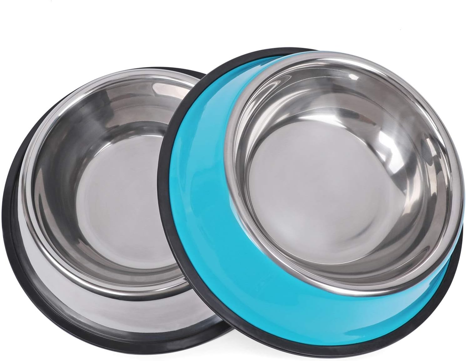 WHIPPY Stainless Steel Dog Food Water Bowl with Rubber Base for Small,Medium and Large Pets Feeder Bowls Set of 2 (S, Blue+Silver,6oz)