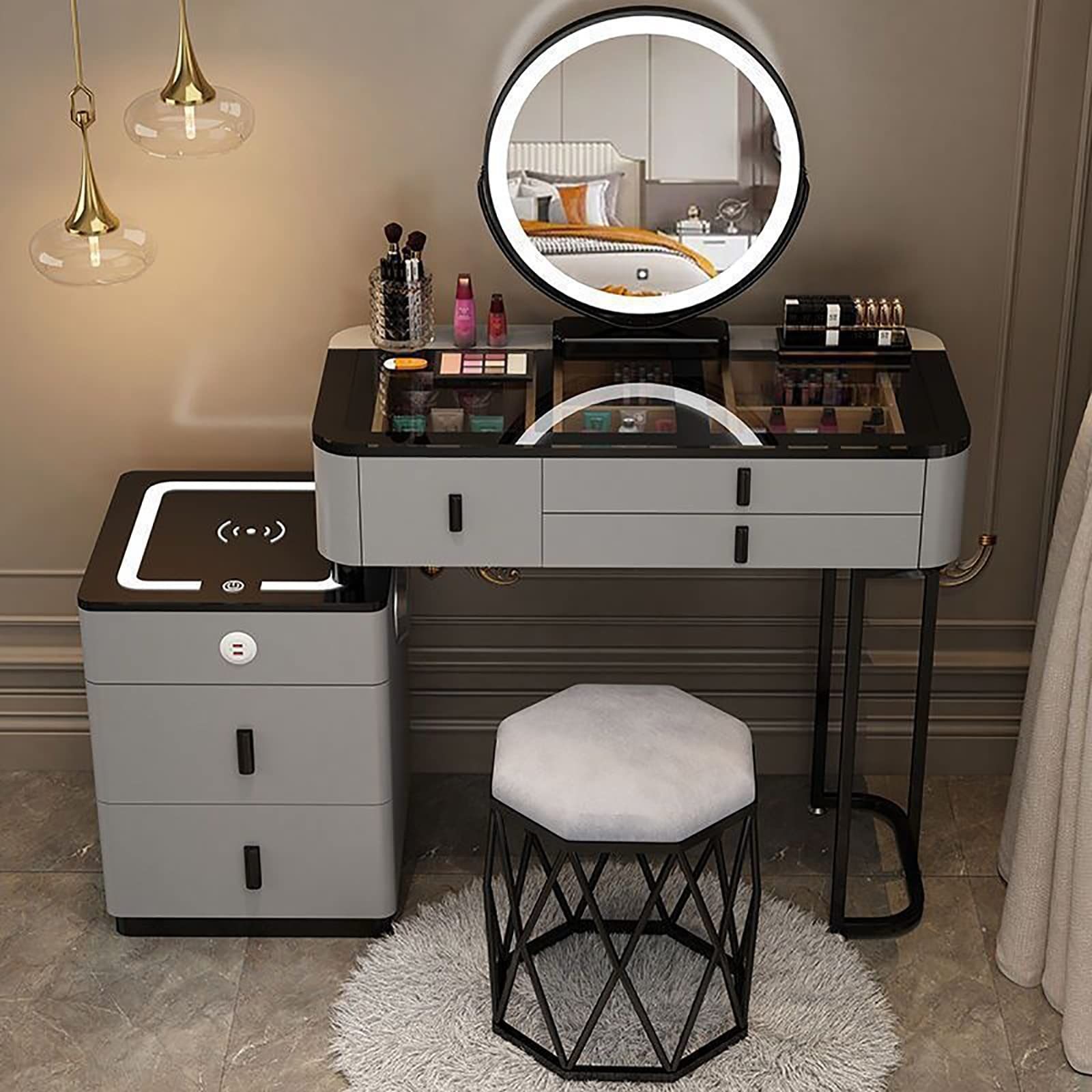 CGCSYZ Makeup Vanity Desk with Wireless Charging Station Speaker Makeup Mirror 5 Drawers Stool White Vanity Set for Bedroom and Dressing Room(Gray a-L:80cm/31.5")