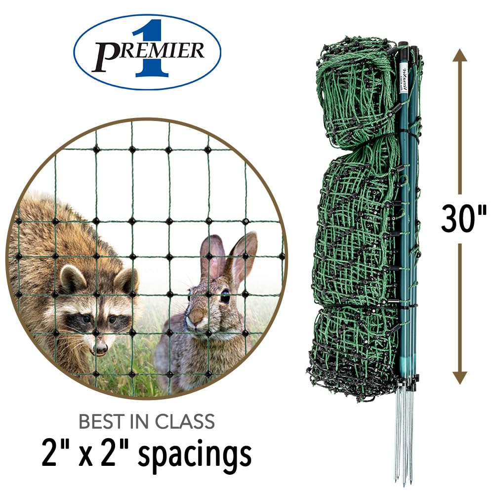 Premier 1 VersaNet® Plus, 30"H x 100'L Portable Electric Garden Net Fence with Built-in Posts | 2" x 2" Strand Spacing at Bottom to Keep Rabbits, Raccoons and Varmints Out of Gardens | Green/Black