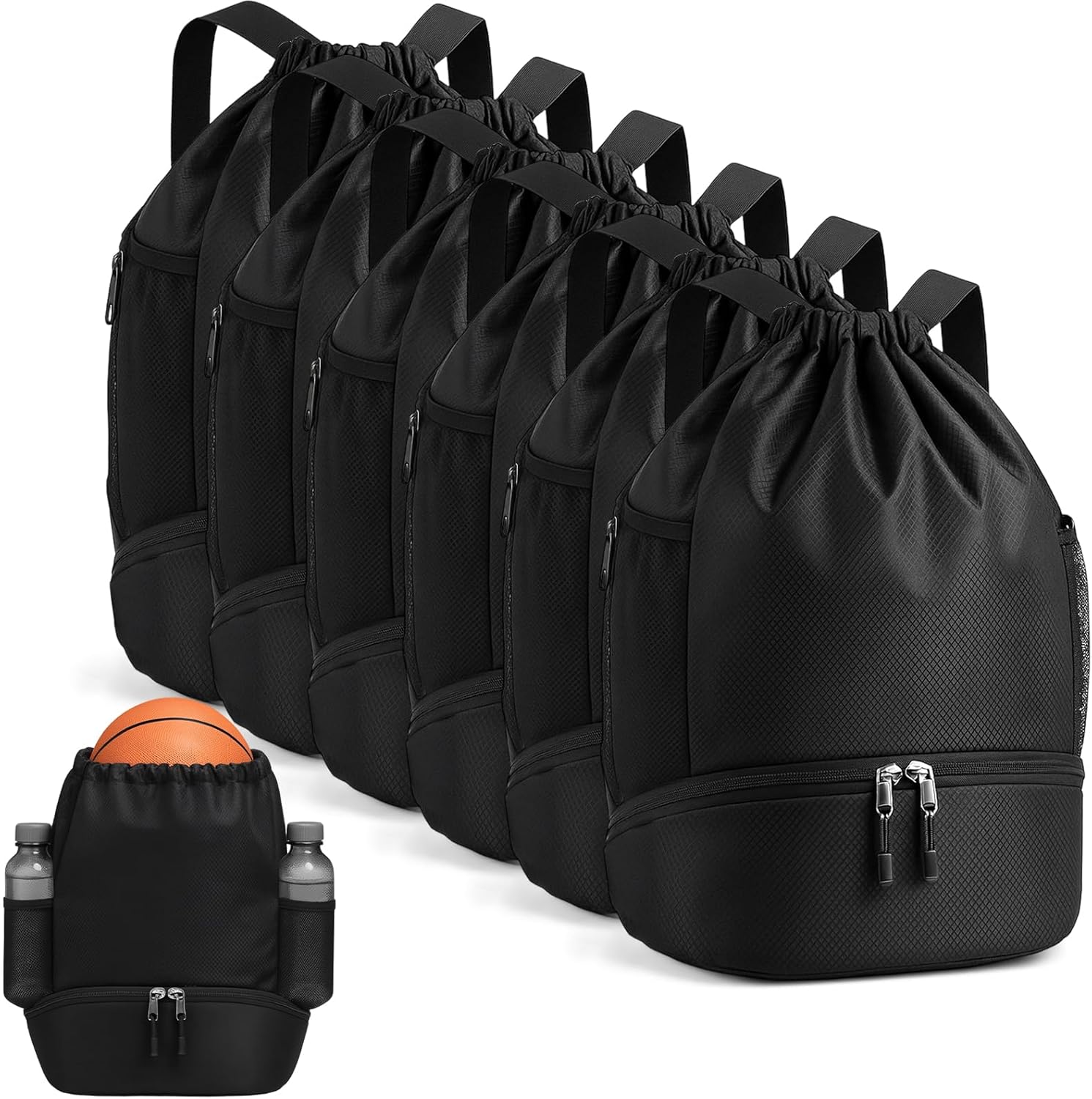 6 Pack Gym Drawstring Backpack Bags Bulk with Shoe Compartment for Sports Wet Proof Pocket for Men Women Large(Black)