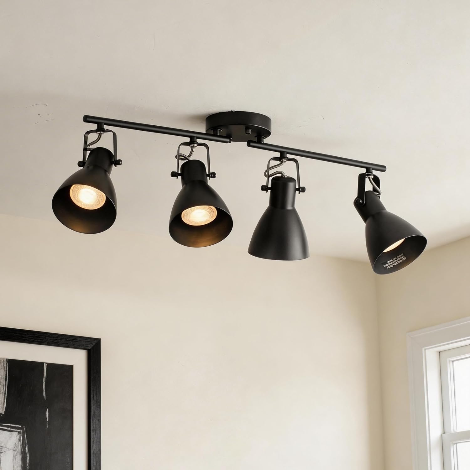 mirrea Complete Track Light Kit 4-Light，Matte Black Bulb Replaceable Ceiling Spotlight with E26 Socket (Bulb not Included)，Industrial Track Lighting Fixtures Ceiling for Kitchen, Living Room