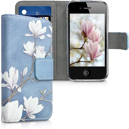 Miniatura 1 de kwmobile Funda tipo cartera compatible con Apple iPhone 4 y 4S, magnolias gris topo, blanco, azul y gris