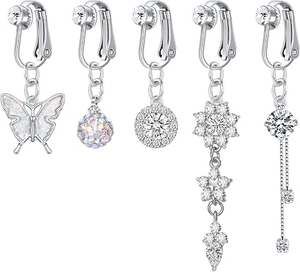 Incaton Fake Belly Ring Clip on Belly Button Rings for Women CZ Dangle Belly Button Rings Butterfly Heart Crown Belly Rings Non Piercing Jewelry