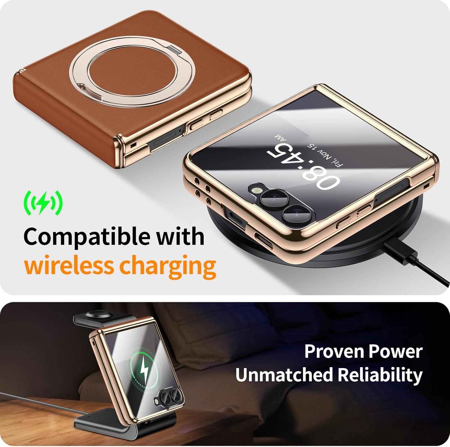 for Galaxy Z Flip 7 Case Luxury Leather with Screen Protector [Hinge Protection],Fit for Magsafe,Magnetic Kickstand & Ring Holder for Samsung Z Flip 7 Case Brown