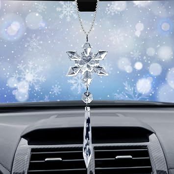 Christmas Ornaments Rear View Mirror Pendant - Acrylic Car Decorations Hanging Accessories Hexagonal Snowflake Icicle