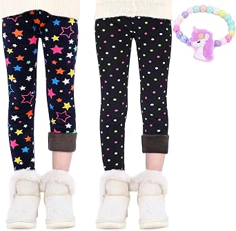 Girls Fleece Lined Leggings Set Thick Thermal Trousers Cotton Colourful Girls Winter Warm Pants Floral Printed Tights