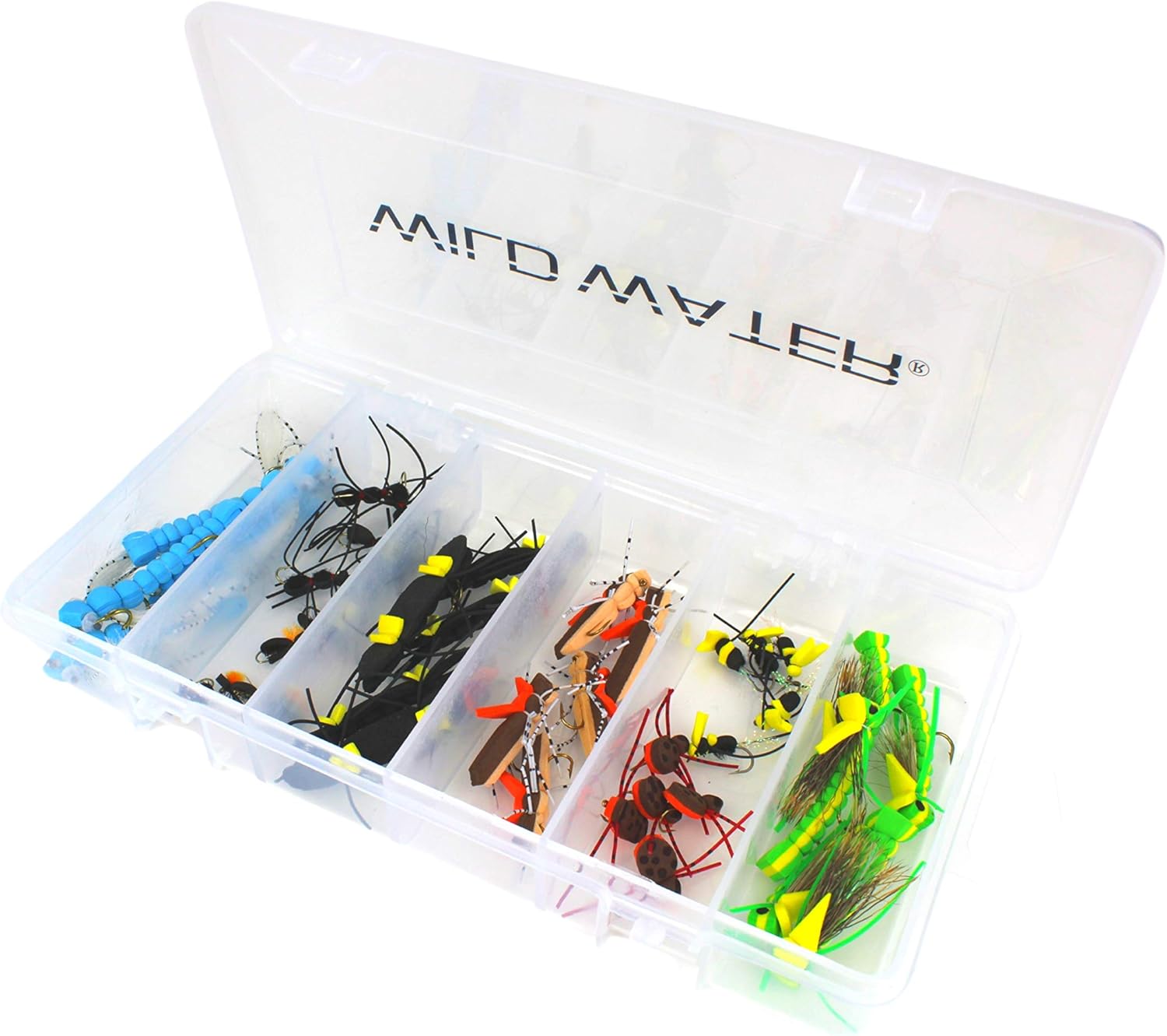 Wild Water Fly Fishing Foam Fly Assortment, 40 Flies with Large 6 Section Fly Box