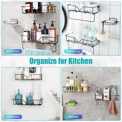 Miniatura 8 de Estantes de ducha con 10 ganchos, organizador adhesivo de ducha de baño con soporte para jabón, toallero, organizador de ducha, sin perforaciones,