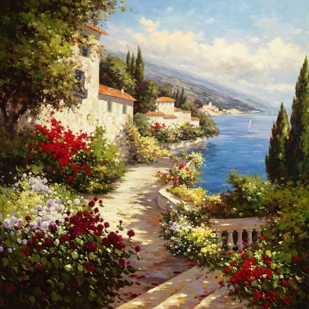 CANVAS-FRAMED-Coveside-Harbor-Floral-wall-decore-framed-Square-size_99_X_99cm