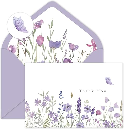 AnyDesign Paquete de 24 tarjetas de agradecimiento de flores silvestres a granel, tarjetas de felicitación de flores moradas con etiqueta sobre