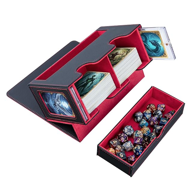 Wigearss Caja para Cartas MTG, Caja de Cartas Coleccionables para Más de 300 Tarjetas, Caja con Cierre Magnético de PU con Separadores de Cartas y Bandejas para Dados para Cartas Magic MTG-Rojo Negro