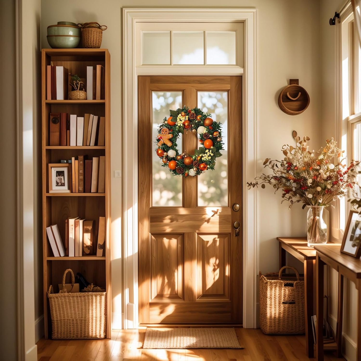 クリスマスリースアウトドア、15.7インチ装飾ジンジャーブレッドリース ライト付き | 農家の装飾 ホリデーデコレーター 住宅所有者