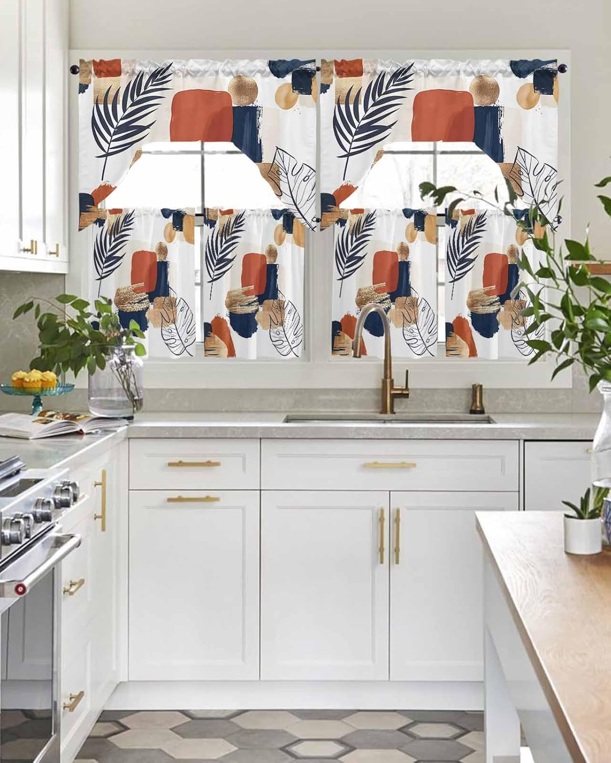 Boho Geometric Swag Kitchen Curtain Sets with Valance,3 Pieces Rod Pocket Curtain Drapes for Bedroom Bathroom Cafe Windows,Modern Leaves Abstract Middle Century 56''x36''&24''x27.5''x2Panels