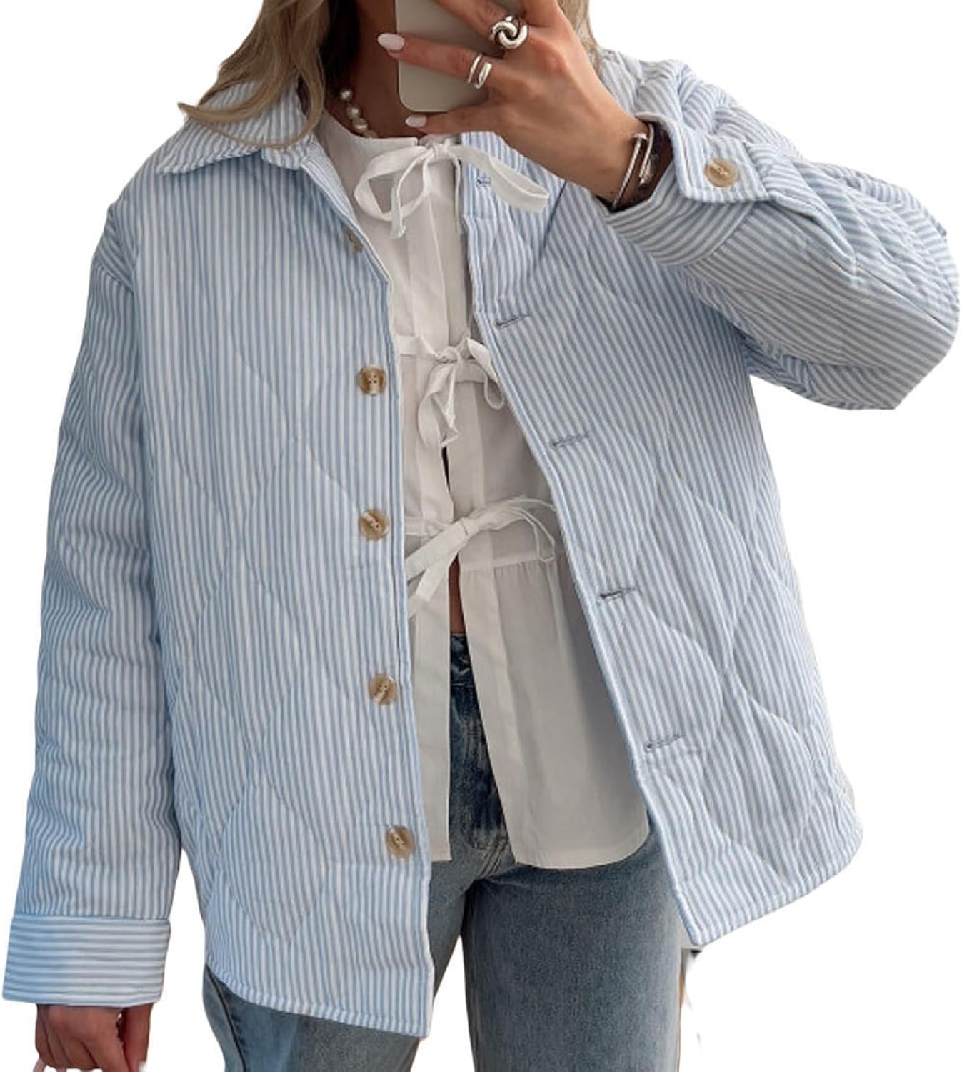 Muineobuka Women Striped Quilted Jackets Lapel Button Front Stripe Contrast Color Lightweight Padded Quilted Jacket Outwear, Small, Blue