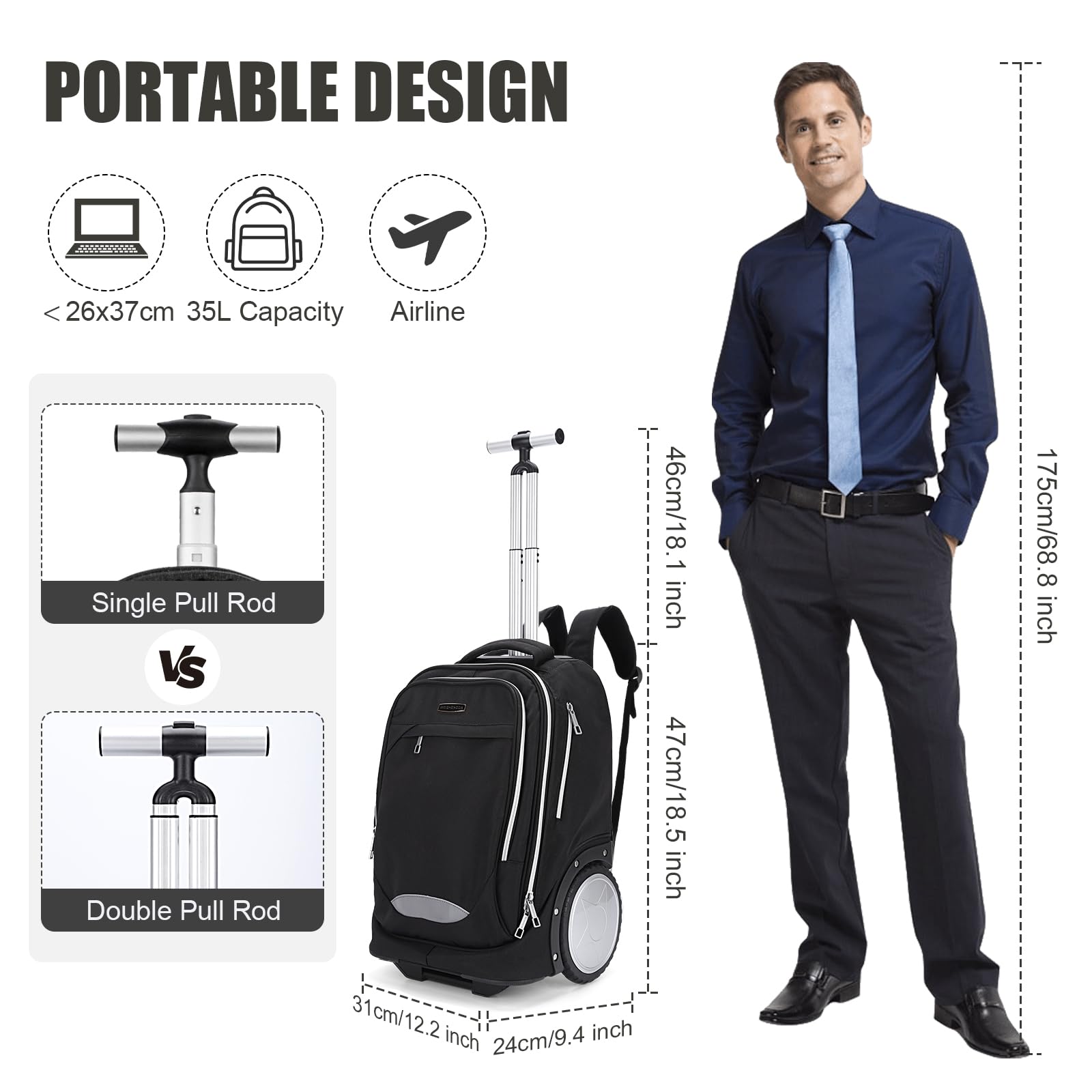 Rucksack mit Rollen, Rucksack trolley doppelt verstärktem Teleskopgriff, leichtes Hinauf- und Hinuntergehen von Treppen, Handgepäck-Rucksack mit Laptopfach für Geschäftsreisende und Pendler, Schwarz