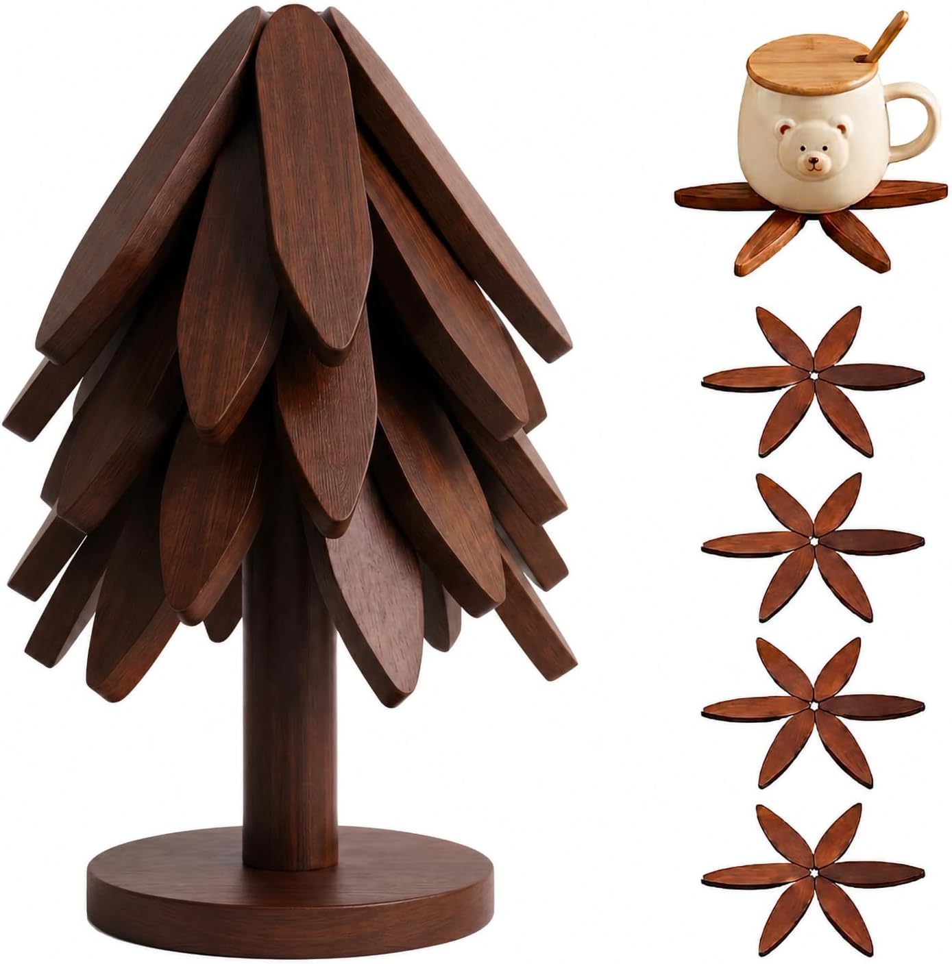 Black Walnut Wooden Trivet Set with Storage Stand | Foldable tree design, 5-piece set, natural wood grain, heat resistant, space-saving storage