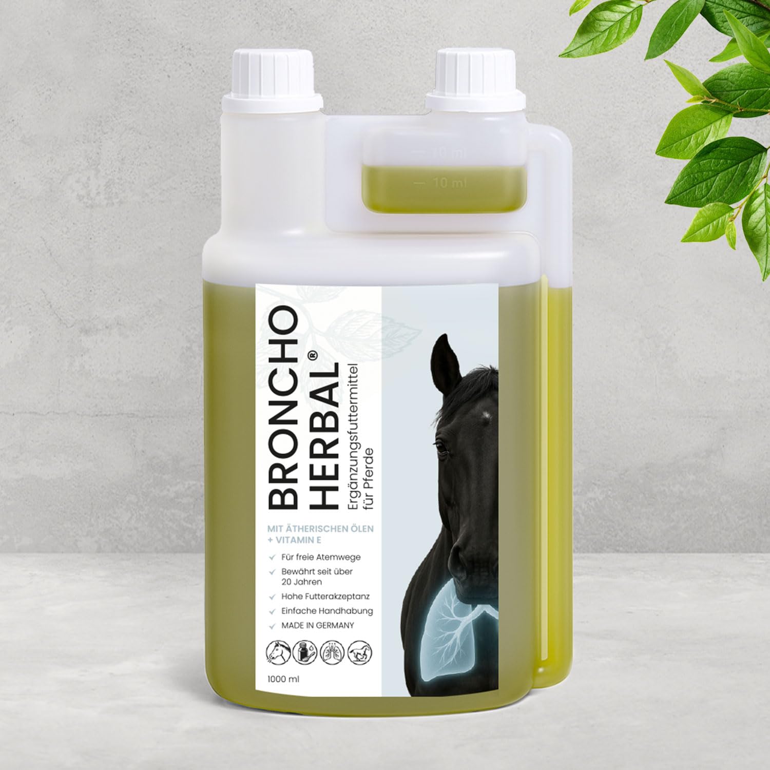 Broncho-Herbal® für Pferde 1000 ml | Ergänzungsfuttermittel mit ätherischen Ölen & Vitamin E | Kann Bronchien & Atemwege unterstützen | Natürlich & bewährt seit über 20 Jahren