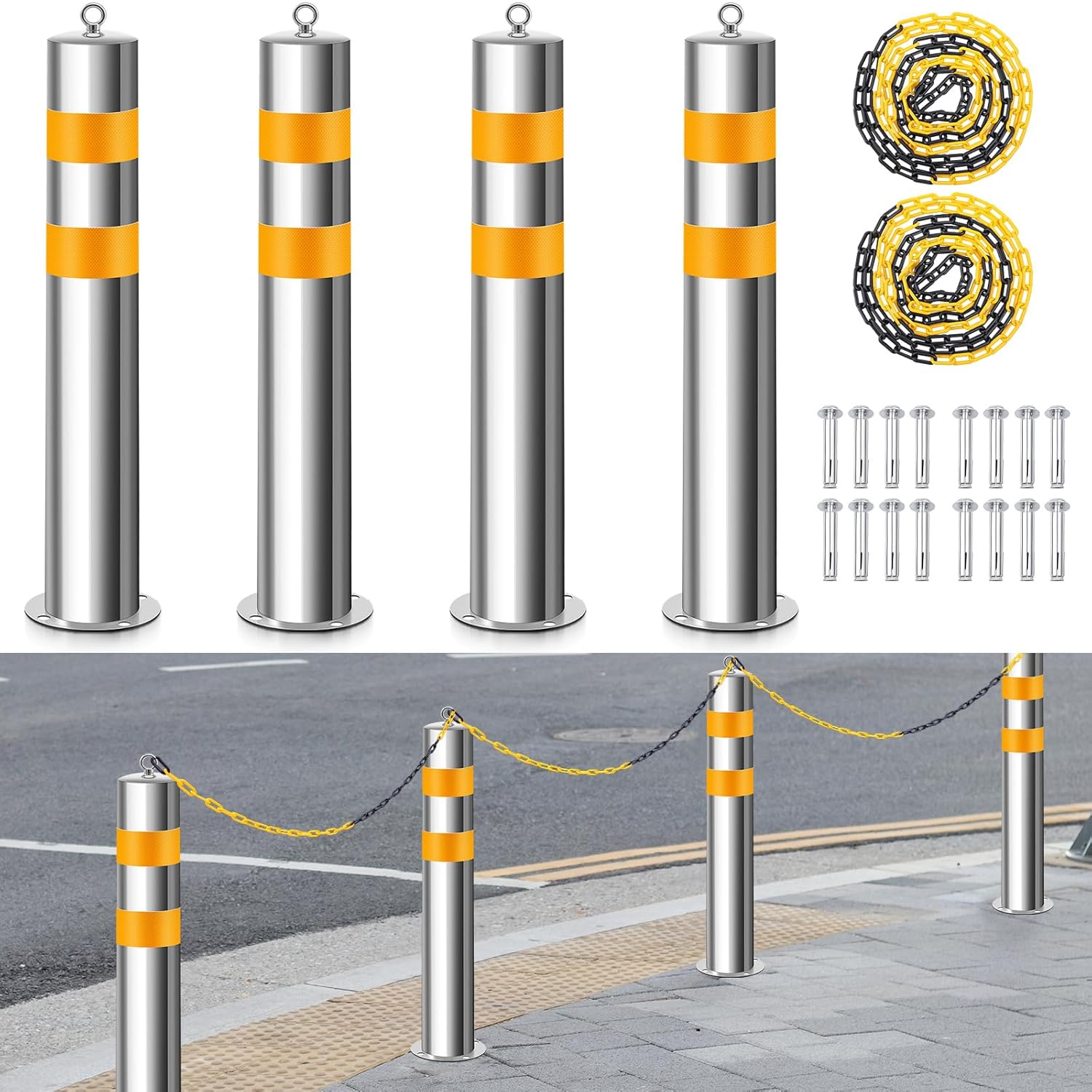 Yaocom 2 Pcs Stainless 31.5''x4.5" Safety Bollard Posts with 1 Barrier Chain, Yellow Reflective Strips Bollard Post with 8 Anchor Bolts for Parking, Warehouses, Garage, Driveway & Pedestrian Safety