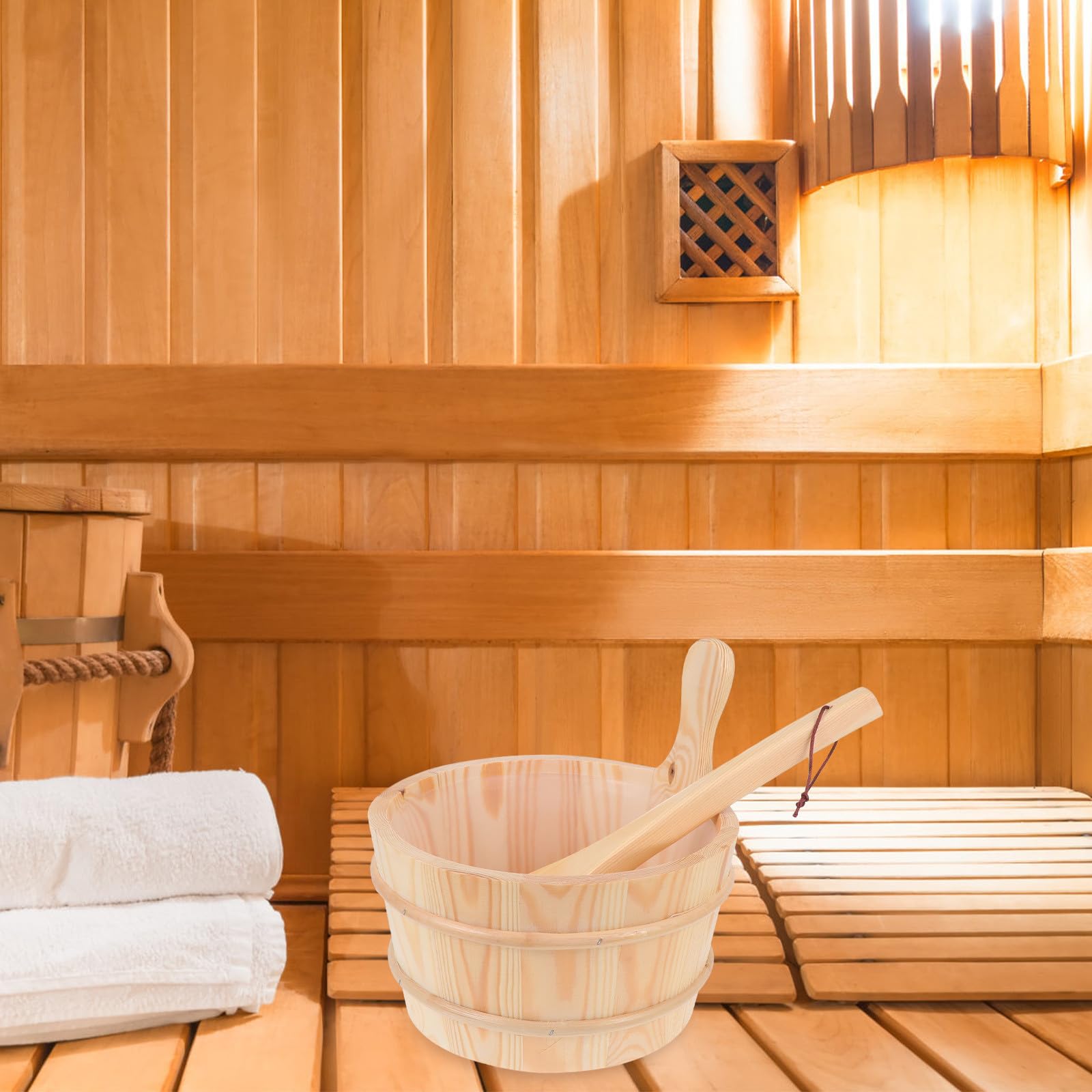 NUOBESTY Praktisches Holzfass und Fasslöffel Satz für Sauna mit Handpolierter Oberfläche und Leicht zu Greifendem Design für Saunazubehör