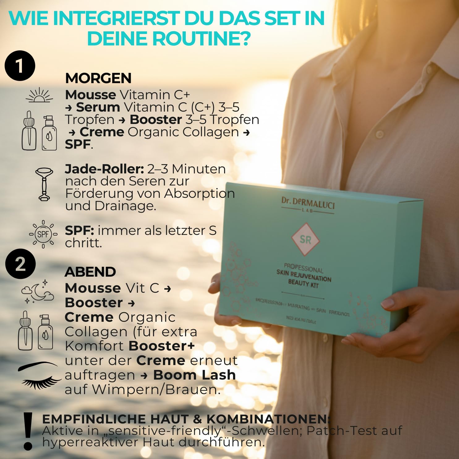 Dr. Dermaluci Lab - Geschenkset Damen/Herren BIO 460ml - Anti-Aging, Strahlend - Mousse + Vitamin C Serum + Booster + Kollagen Creme + Jade Roller + Wimpernserum - Made in Italy
