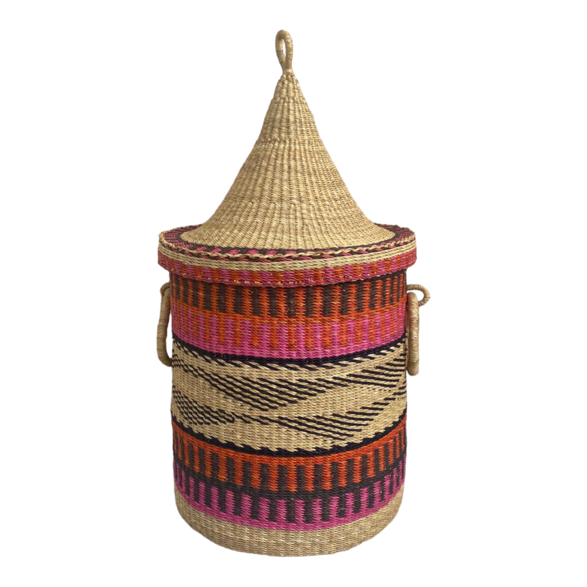 Handwoven Storage Basket with Lid, Flexible Woven Basket for Home Organization, Laundry Hamper, Rattan African Laundry Basket, Toy Basket (Medium)