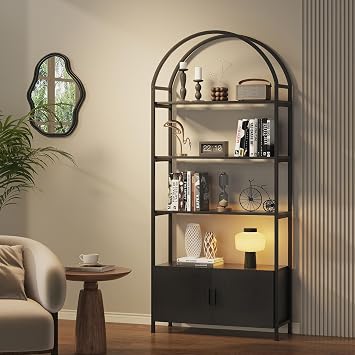 Saudism Arched Bookshelf with Doors, 71" Tall Industrial Bookcase with Sturdy Metal Frame, Vintage Display Shelving Unit, Black Geometric Book Shelf for Lving Room, Bedroom, Home Office