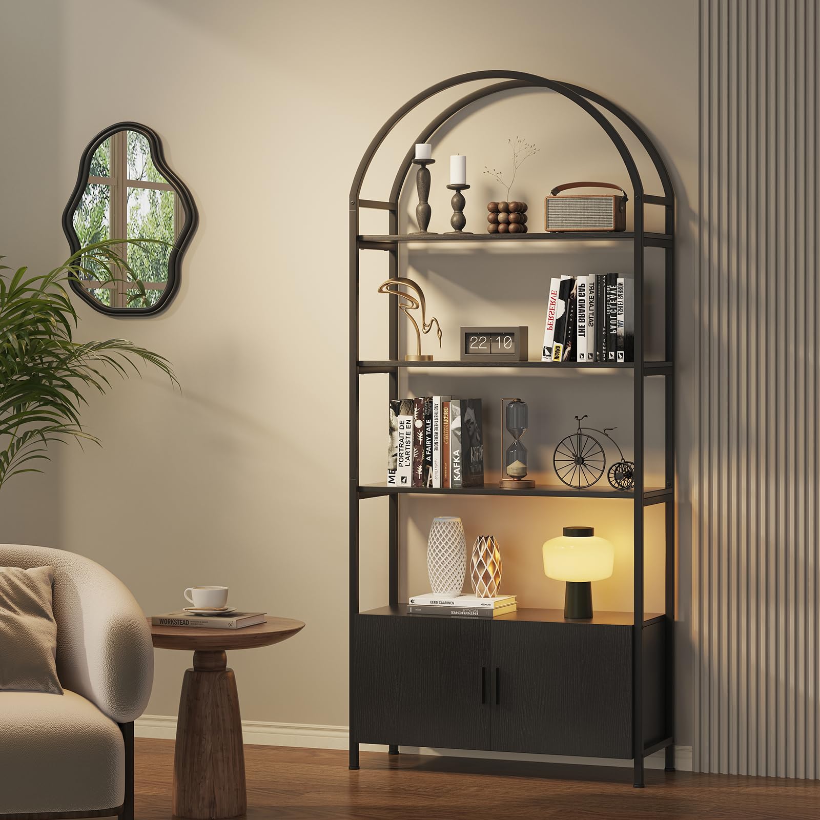 cointwo Arched Book Shelf, Bookcase with Doors Storage, 180cm Tall Bookshelf with Sturdy Metal Frame, E1 Quality Boards, Freestanding Display Shelving Unit Living Room(Black)