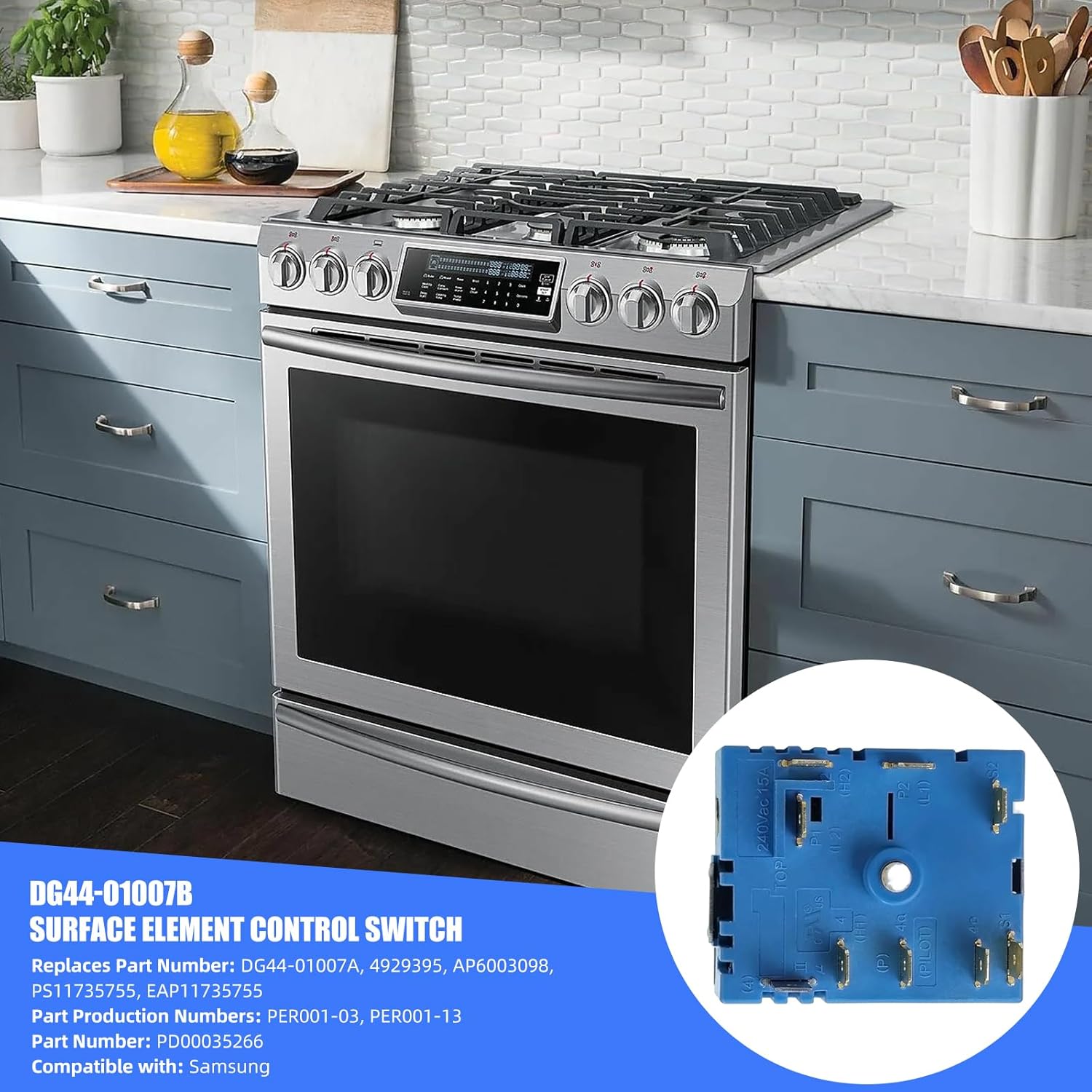DG44-01007B Samsung OEM Range Surface Element Switch, Replaces DG44-01007A, PER001-03, PER001-13 T, 4929395, AP6003098, PS11735755, EAP11735755