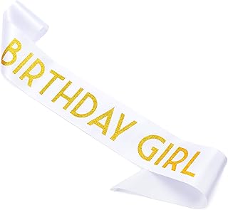 وشاح "لعيد ميلاد الفتاة" ببريق ذهبي - وشاح أبيض ناعم من الساتان للنساء - وشاح عيد ميلاد سعيد لحفلات أعياد الميلاد الـ 16، 18، 21، 25، 30، 40، 50، أو أي مناسبة أخرى من كورور