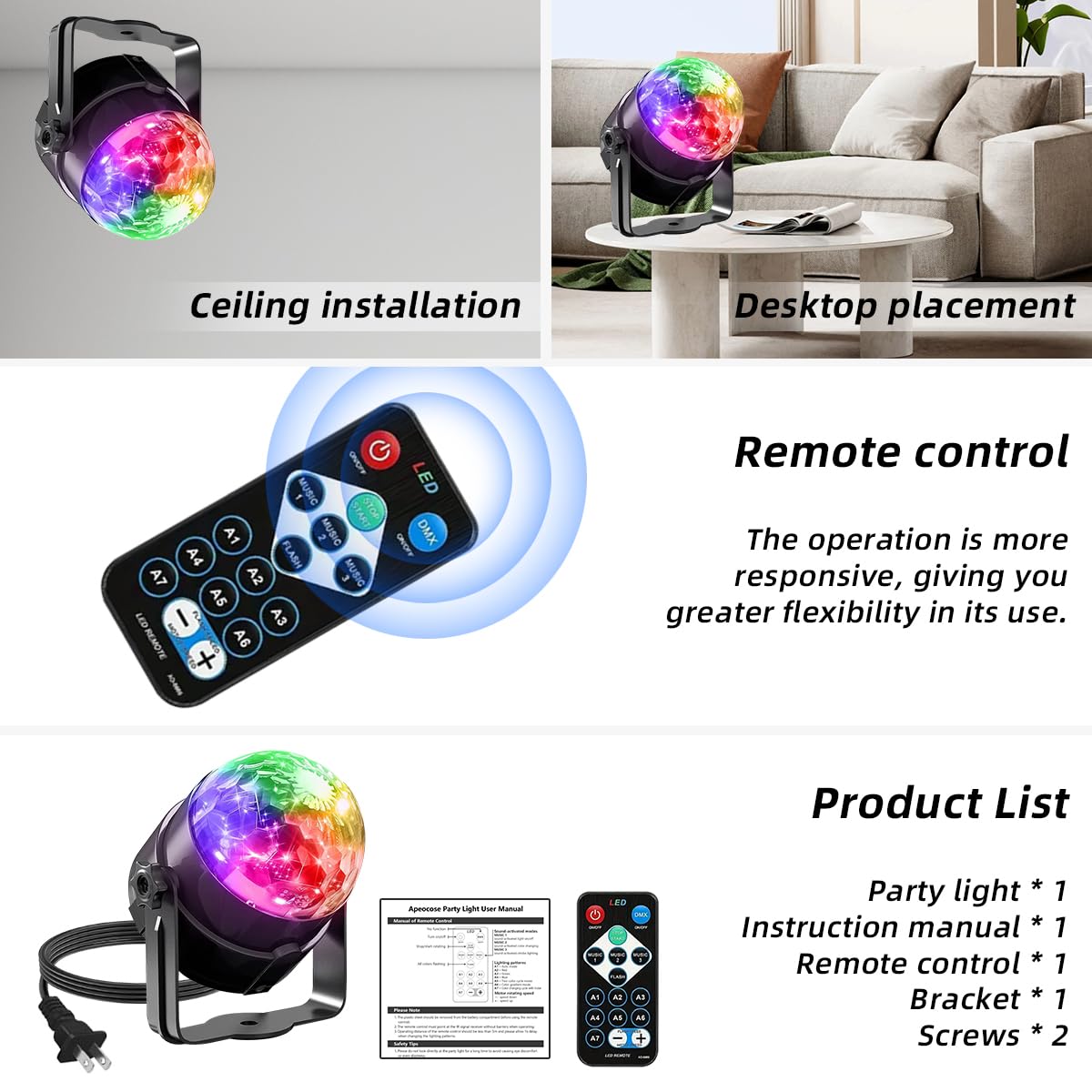 Juego de luces de discoteca para fiesta de 3 piezas, bola de discoteca de material ABS, con control remoto, luz estroboscópica de DJ, adecuada para bodas/karaoke KTV/fiestas de cumpleaños, luces de ca
