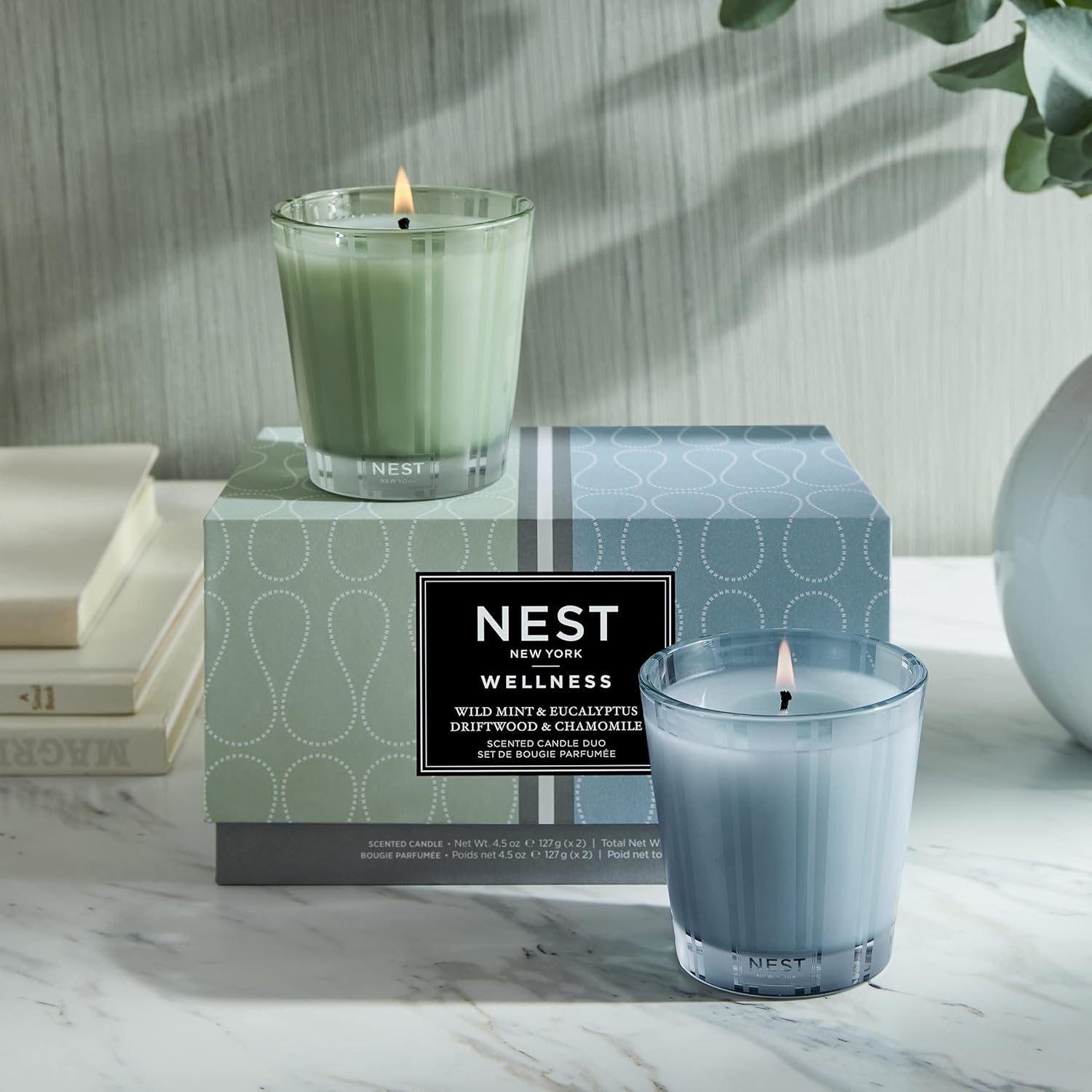 NEST New York Wellness Wild Mint & Eucalyptus and Driftwood & Chamomile Scented Petite Candle Duo, 4.5 Ounces Each, 1 Set