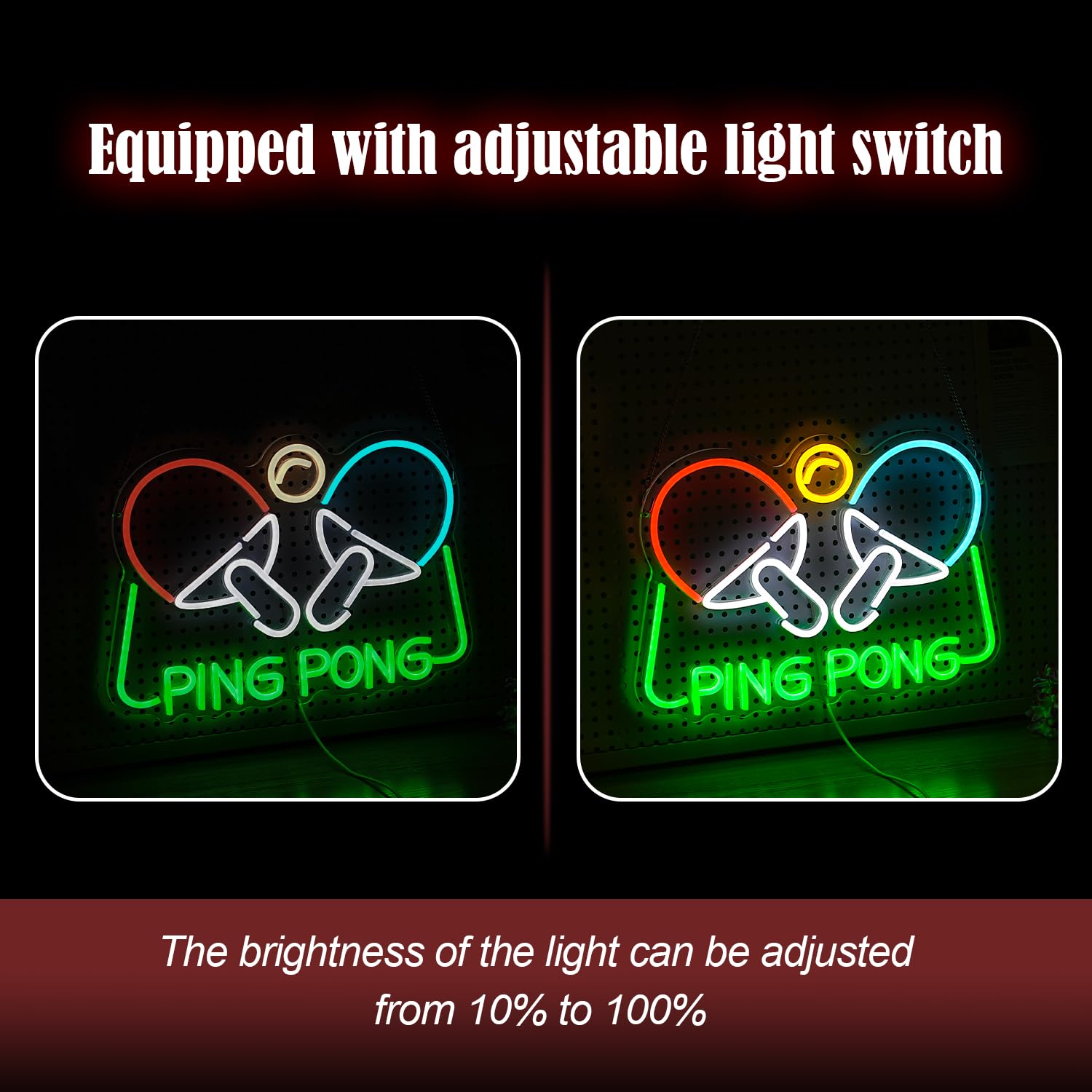 Ping Pong neonowy znak tenisa stołowego LED świecący znak do dekoracji ścian, 16,5 x 11,4 cala, ściemniana przez USB, neonowa lampa do ping ponga, na siłownię, do pokoju gier, sypialni,