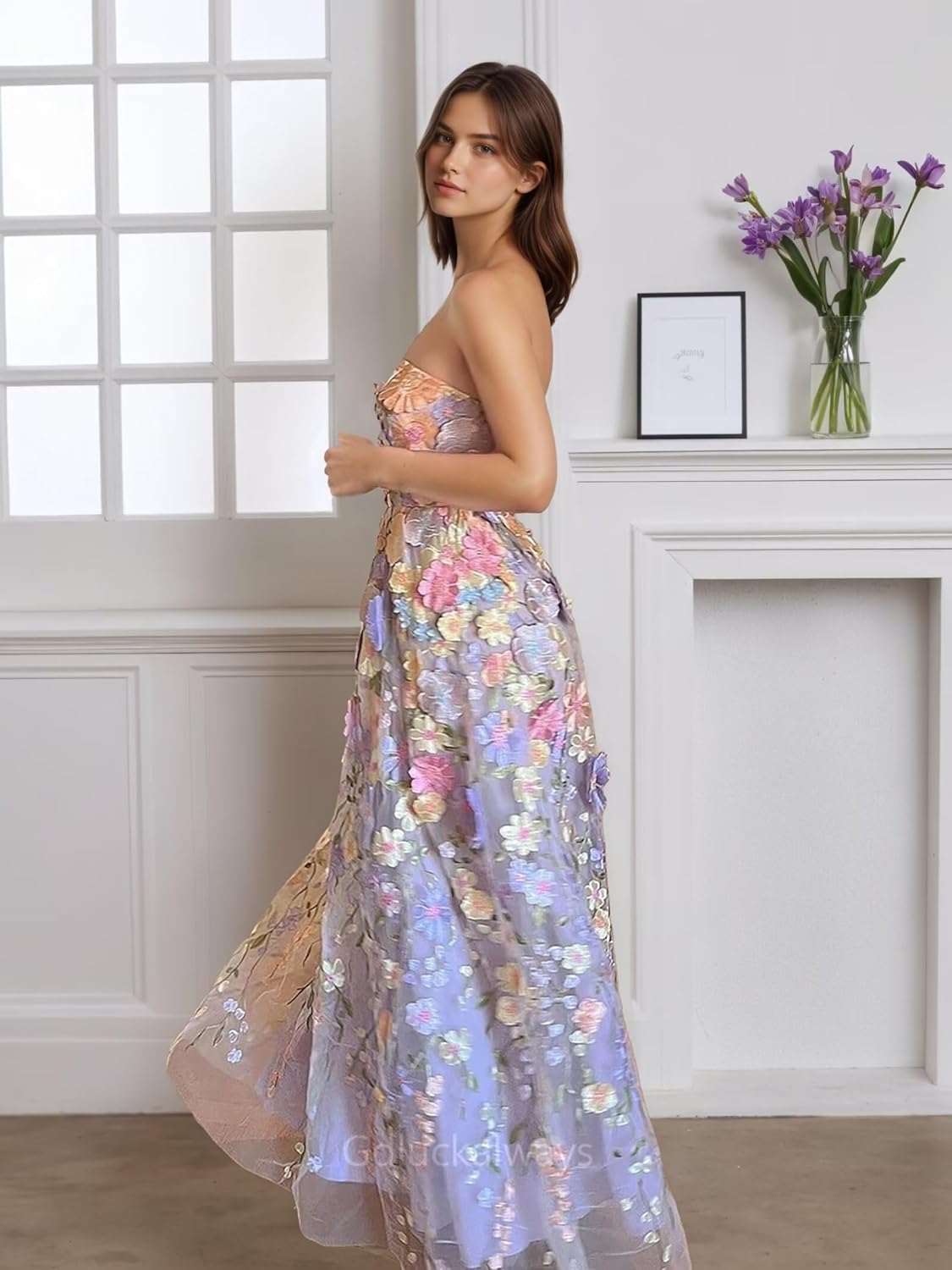 3D Floral Embroidery Sweetheart Prom Dress Strapless Tulle Formal Evening Dresses Long Lace Up Back Ball Gowns GL0163