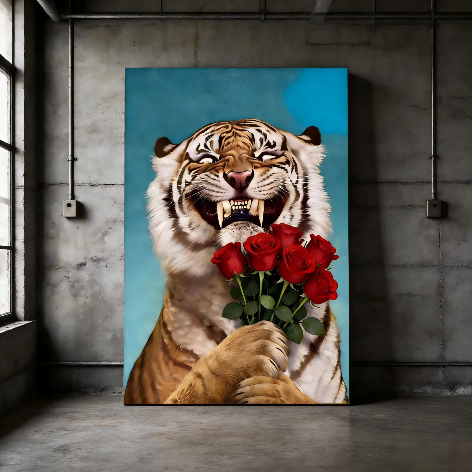 RGsixiot Canvas Wall Decor Wildlife Vertical Smiling Tiger Flora Motif