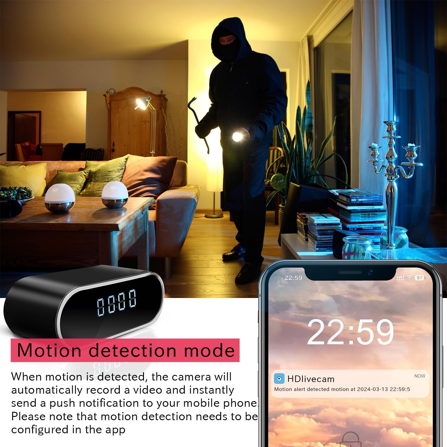 Image showing the camera detecting motion of a person in a room, with a smartphone displaying a motion alert notification.