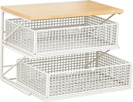 Coffee Station Organizer Wooden Kitchen Counter Shelf with Iron Frame and Pull Out Drawer for Storing Mugs Cups Tea Snacks Suitable for Home Office Pa, White S