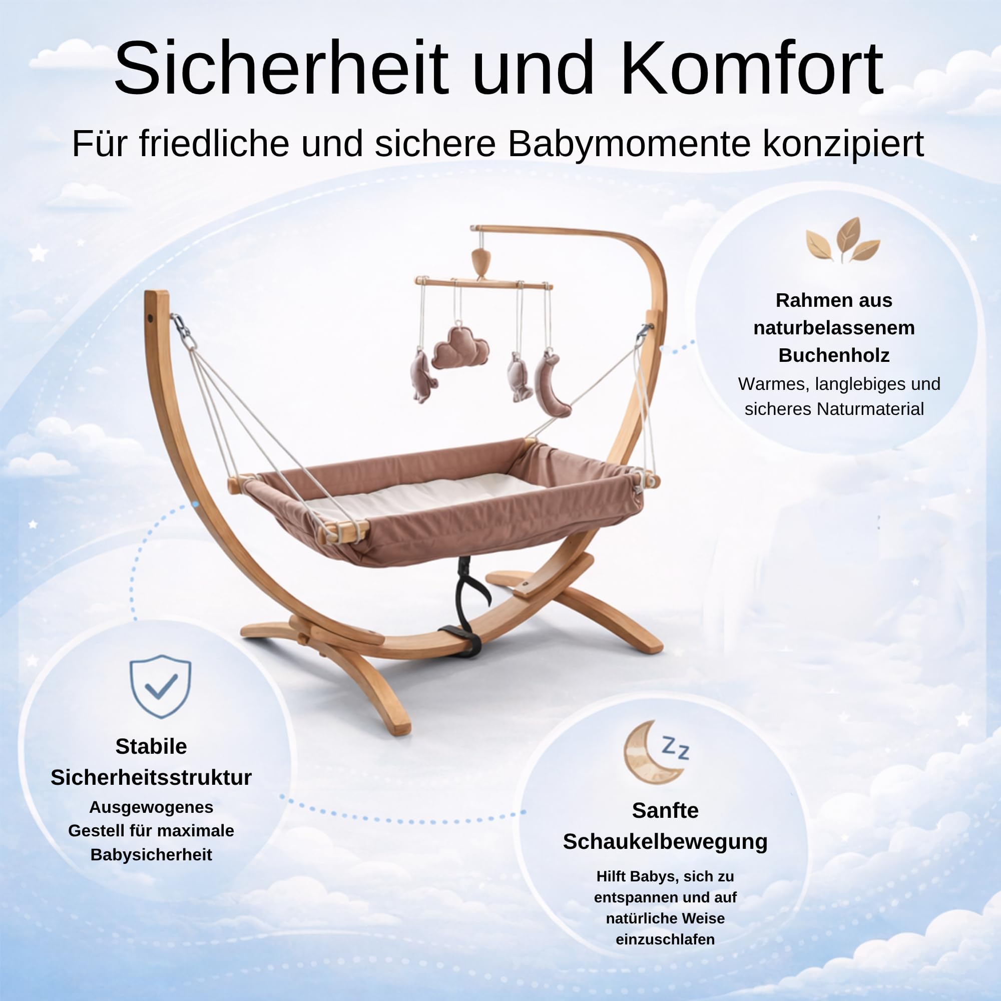 Kinder-Hängematte mit Holzgestell – Ergonomische 66×150 cm Hängeliege für 3–5 Jahre I Weicher Atmungsaktiver Stoff & Sanftes Schaukelgefühl I Tragbar & Vielseitig Nutzbar – Beige