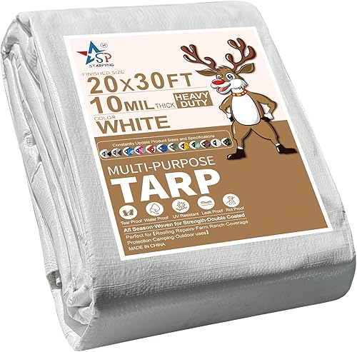 Cubierta de lona de polietileno blanco resistente de 0.394 in - Gruesa impermeable, resistente a los rayos UV, duradera, resistente a la intemperie,