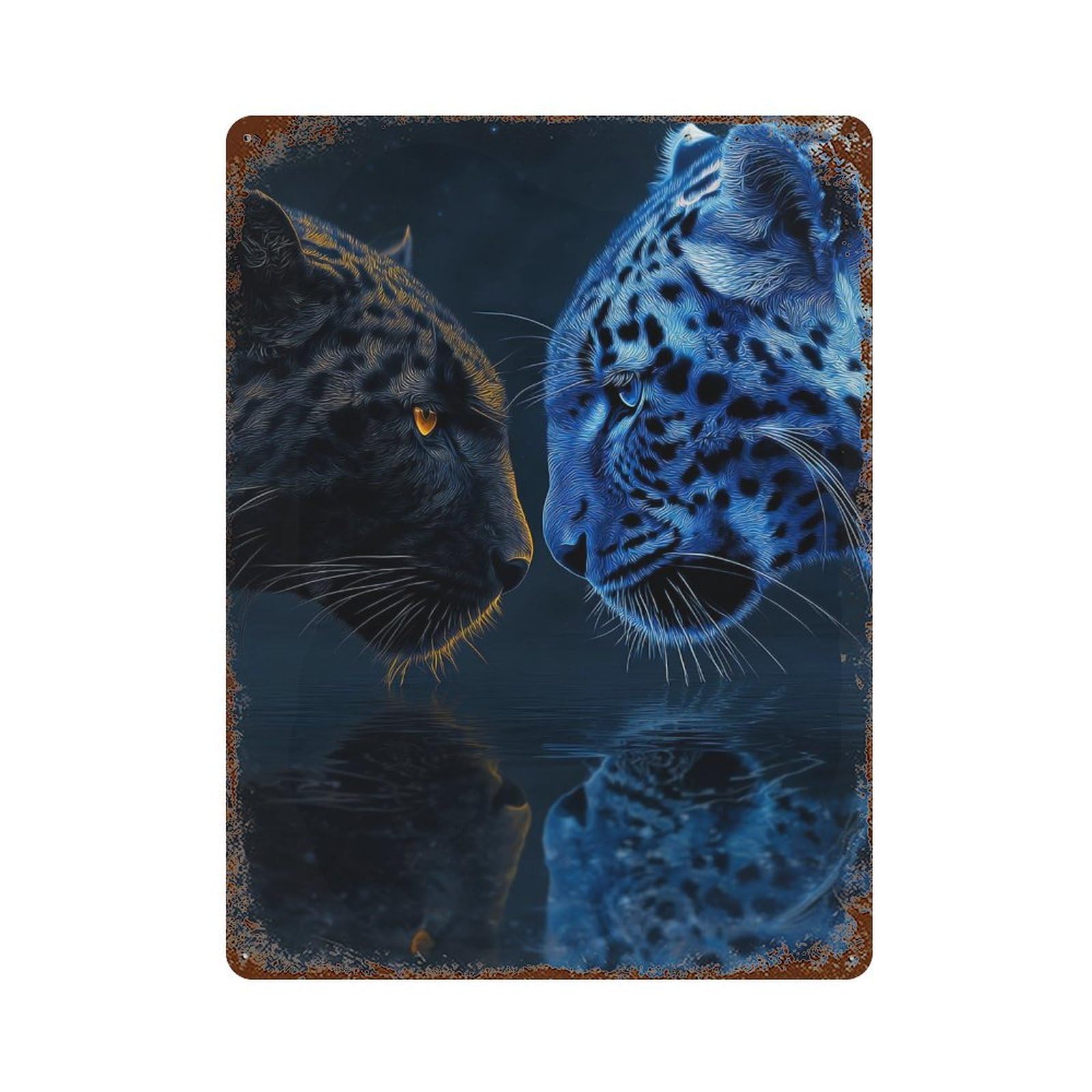 Leopard Reflections Blue Vs Black Weathered Tin Sign 15.7"x11.8", Classic Wall Plaque for Garage, Bar And Workshop Decor