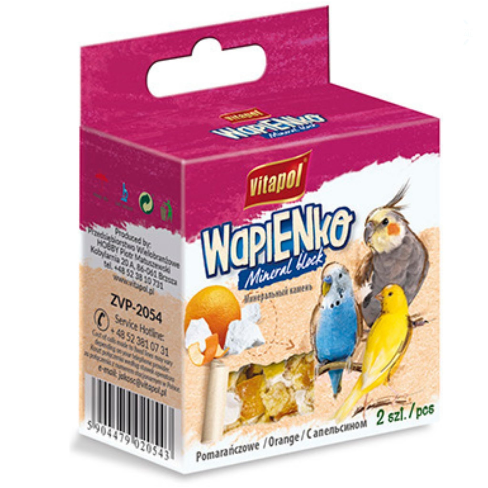 Vitapol Wapienko Bird Calcium Block – Natural Supplement for Beak Health & Eggshell Strength – Twin Pack – Hanging Mineral Block for Parrots, Budgies & Small Birds (2x, Orange, 35g) — image 1