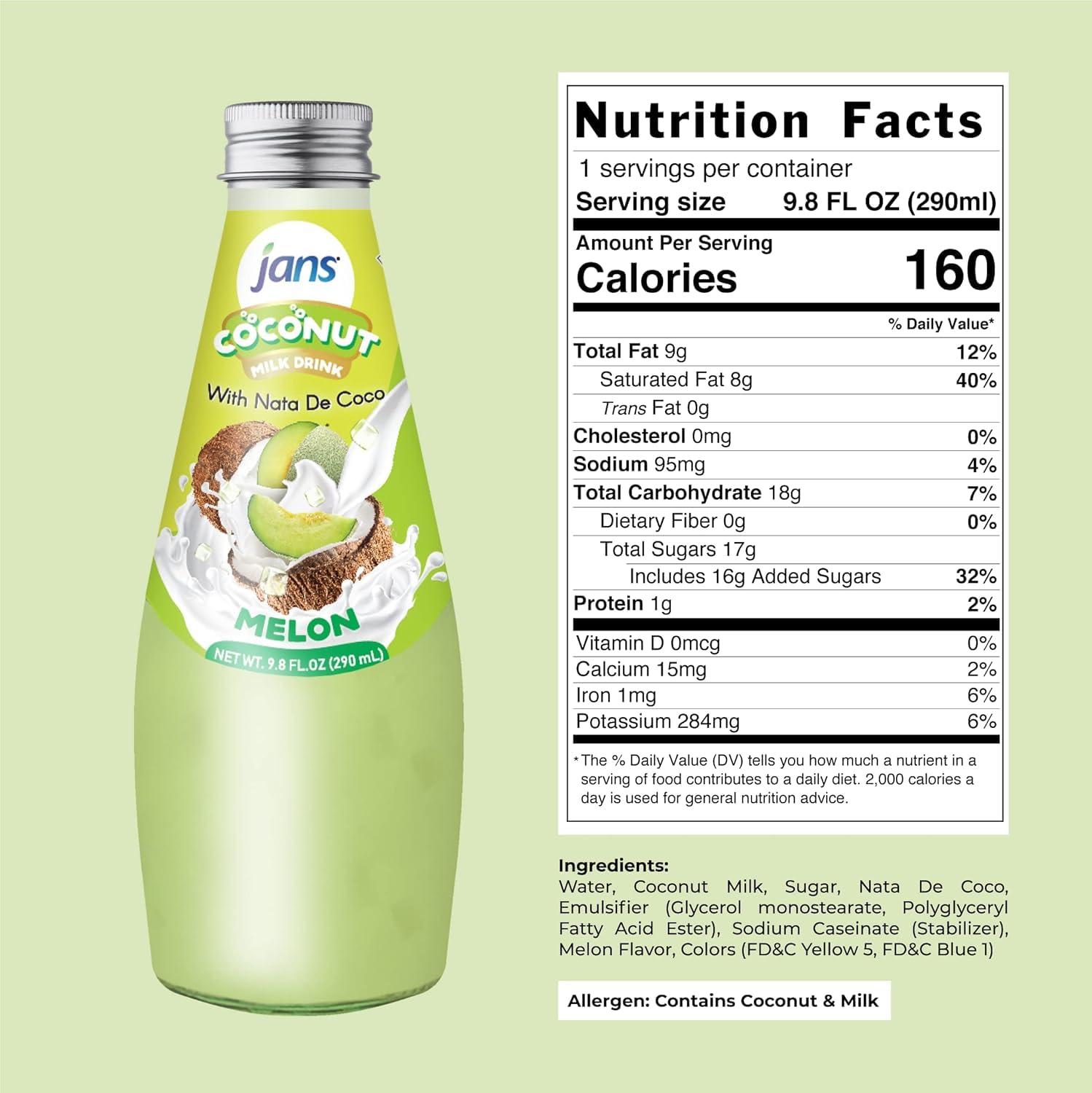 JANS - COCONUT MILK DRINK (with NATA DE COCO) MELON 9.8 OZ (Pack of 12, Melon)