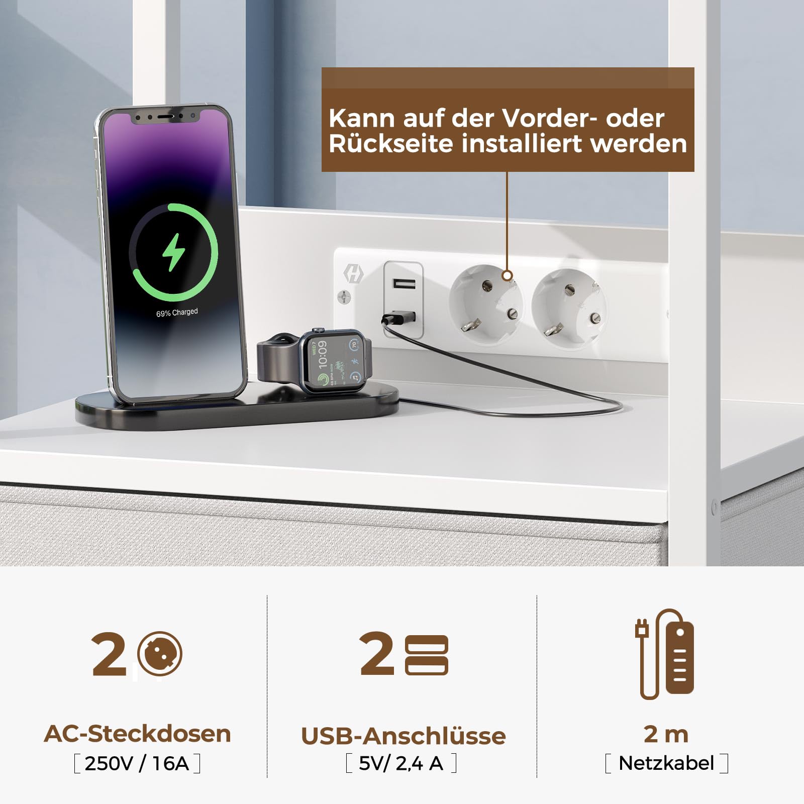 Rolanstar Nachttisch mit LED, Nachtschrank mit 3 Schubladen, Beistelltisch mit Ladefunktion, Platzsparend & Einfach Montiert für Schlafzimmer, Geeignet für Wohnzimmer, Weiß 2pcs
