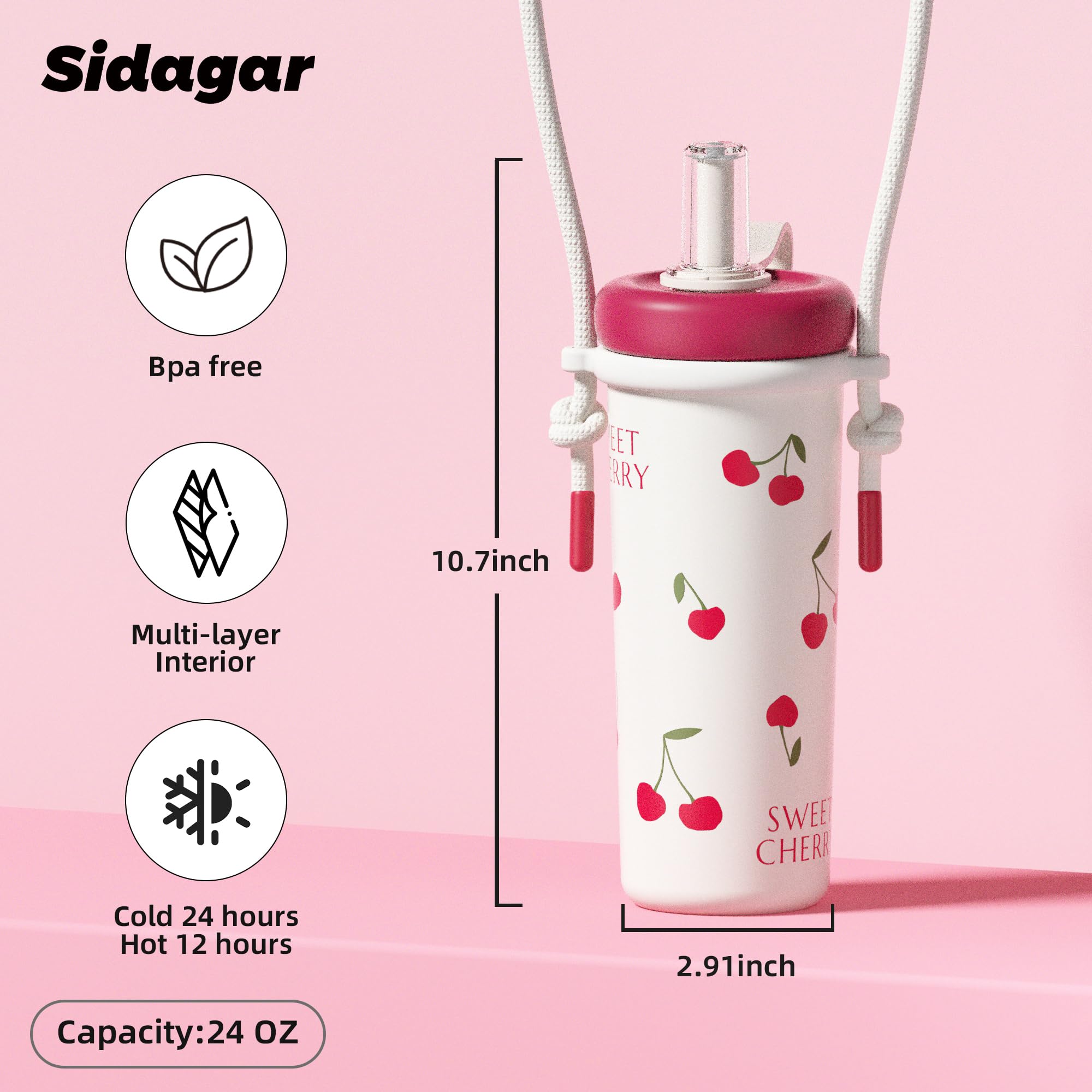 Sidagar 24 oz Tumbler with Lid and Straw Leakl Proof, Stainless Steel Travel Coffee Mug with Handle - Image 3