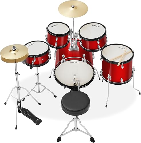 Miniatura 10 de Gammon Percussion Kit de batería de arranque junior de 5 piezas con platillos, hardware, palos y trono, color negro