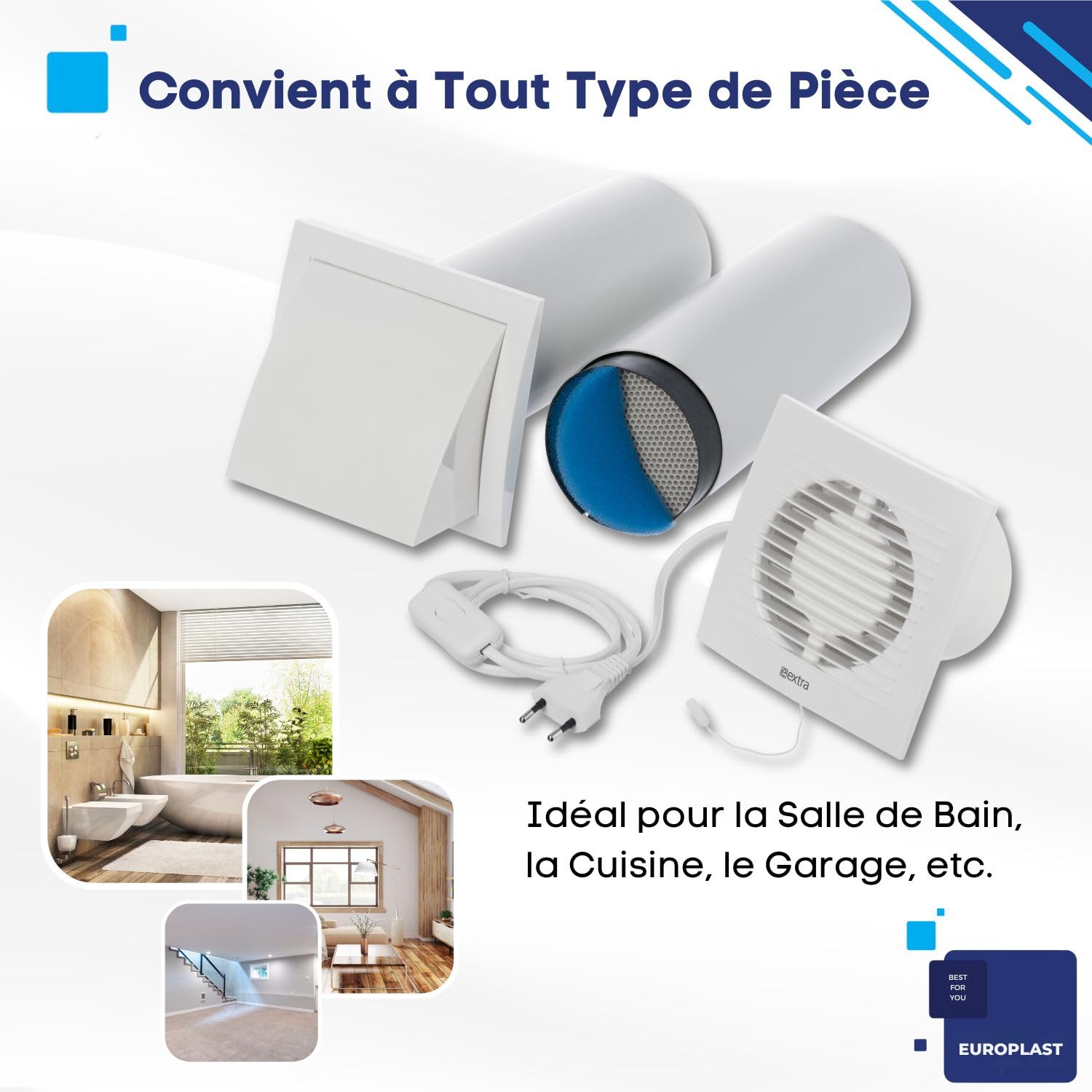 EUROPLAST Ø 100mm Système de Ventilation avec Récupération de Chaleur - Unité de VMC Décentralisée - Ventilateur Mural - Avec Câble et Cordon de Serrage