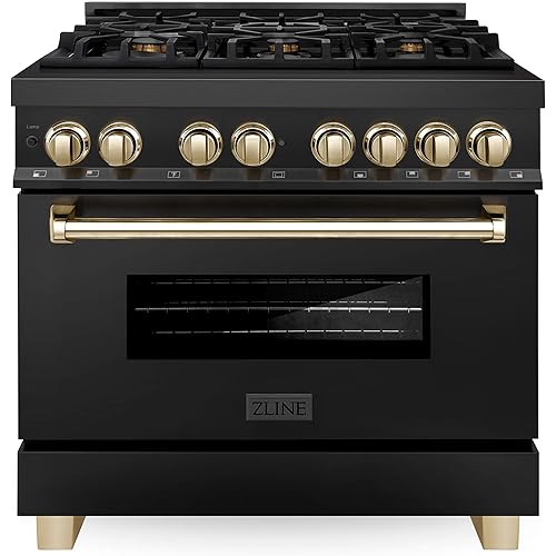 ZLINE Autograph Edition 36 in. 4.6 cu. ft. Legacy Dual Fuel Range with 6 Burner Gas Cooktop and Electric Convection Oven in Black Stainless Steel and Polished Gold Accents (RABZ-36-G)